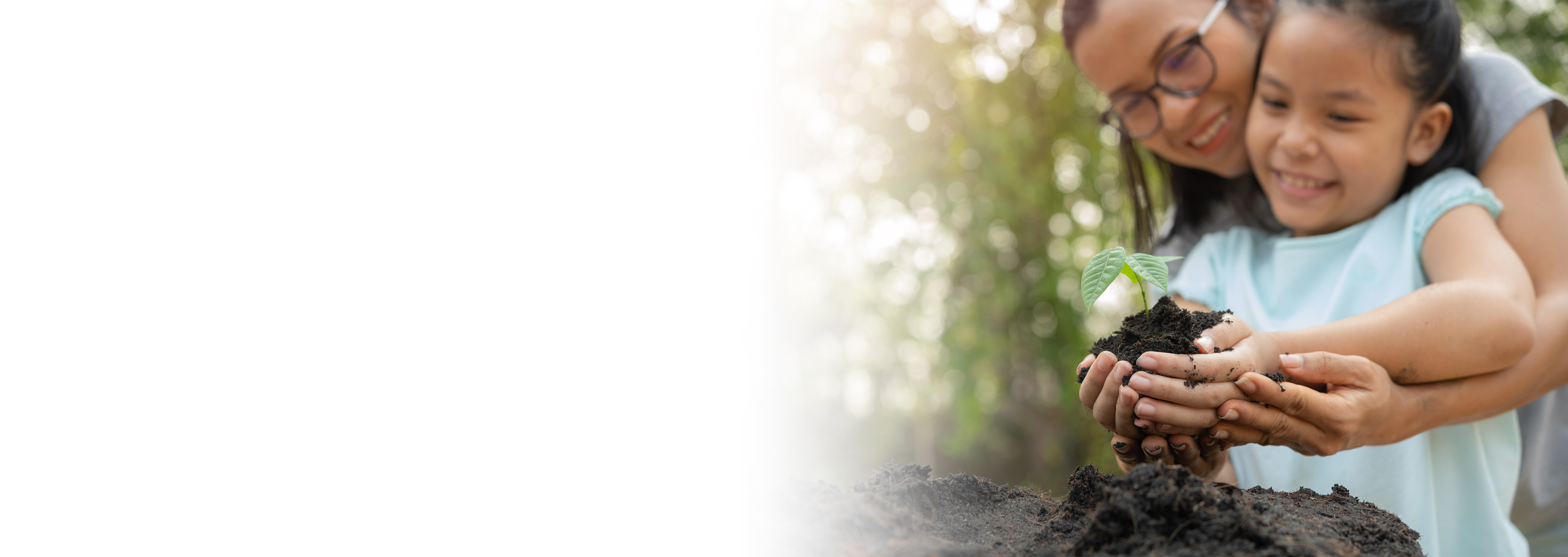 Little Asian girl and mother planting a seedling together