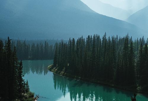 Blue mountains, green water and forest